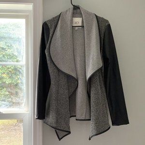 JACK Women's Waterfall Cardigan Gray, Black Faux Leather Sleeves/Trim medium